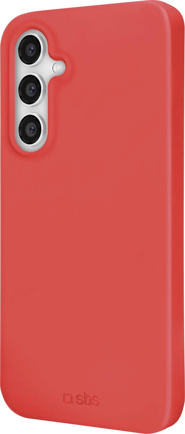 Rotes Smartphone-Gehäuse mit drei Kameraaussparungen, von hinten betrachtet. Das Markenlogo ist am unteren Ende sichtbar.