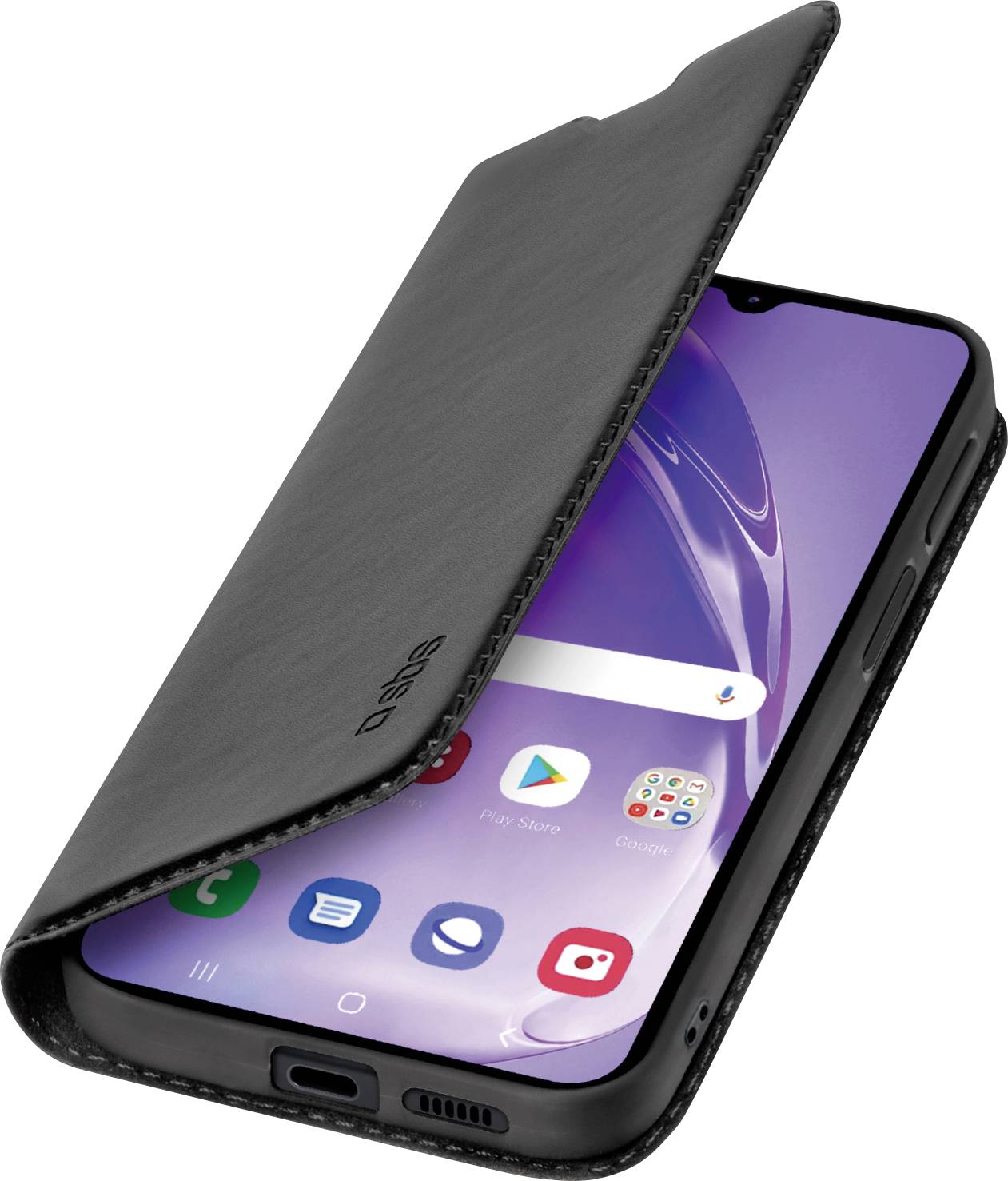 Ein Smartphone in einer schwarzen Leder-Flipschutzhülle ist teilweise geöffnet und zeigt den Startbildschirm mit mehreren sichtbaren App-Symbolen.