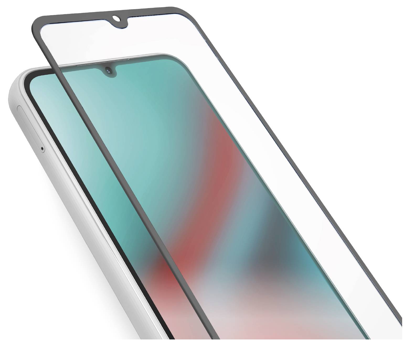 Ein Smartphone mit einer darüber ausgerichteten Displayschutzfolie, die eine Installation anzeigt. Das Telefon hat ein Gradient-Display.