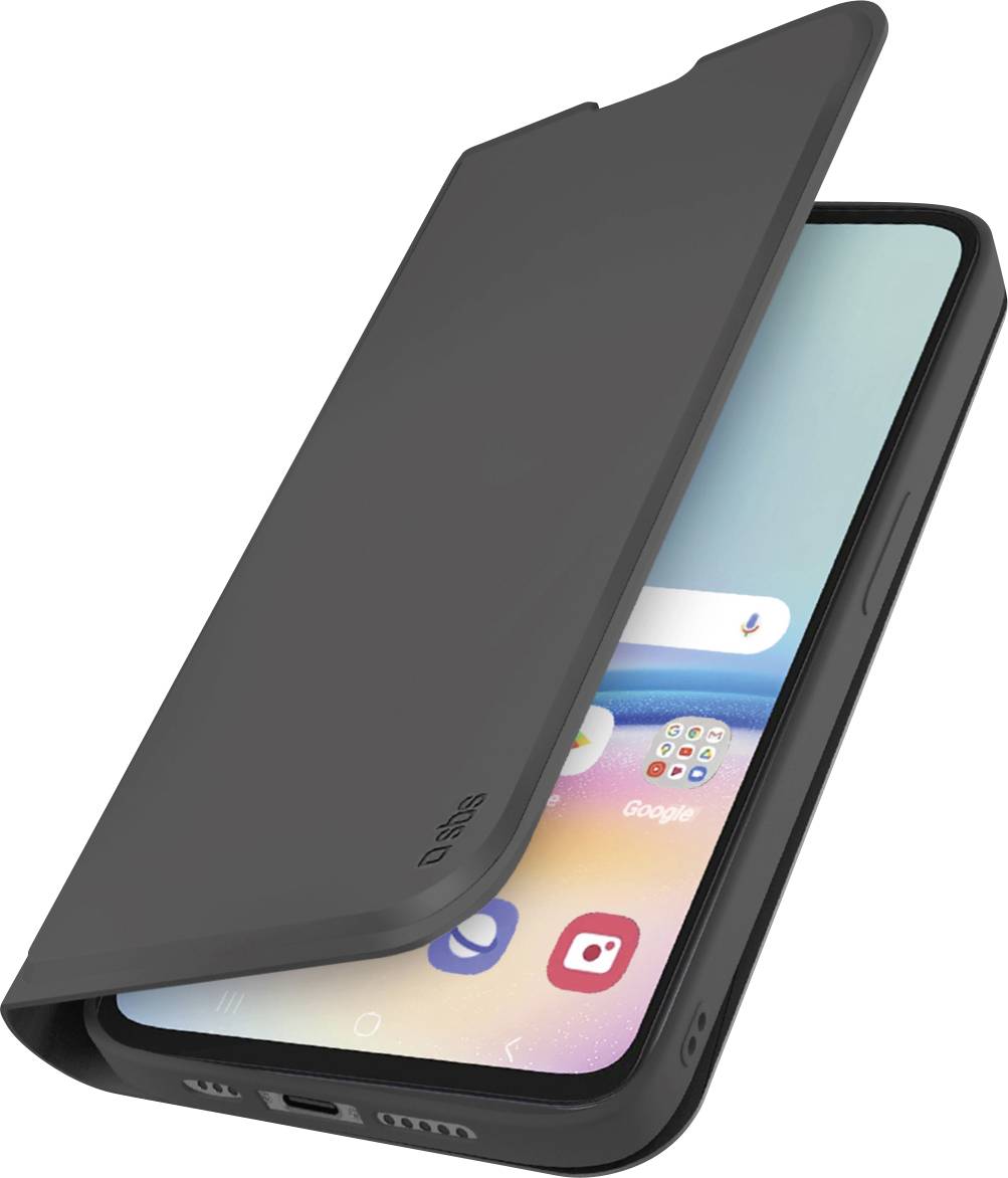 Ein Smartphone mit schwarzem Flip-Cover, das teilweise geöffnet ist und seinen Bildschirm mit sichtbaren App-Symbolen zeigt, in einem Winkel platziert.