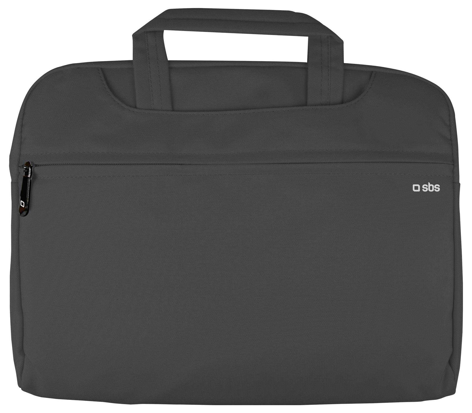 Eine dunkelgraue Laptoptasche mit Doppelhenkeln und einer vorderen Reißverschlusstasche. Das Markenlogo ist in der oberen rechten Ecke sichtbar.