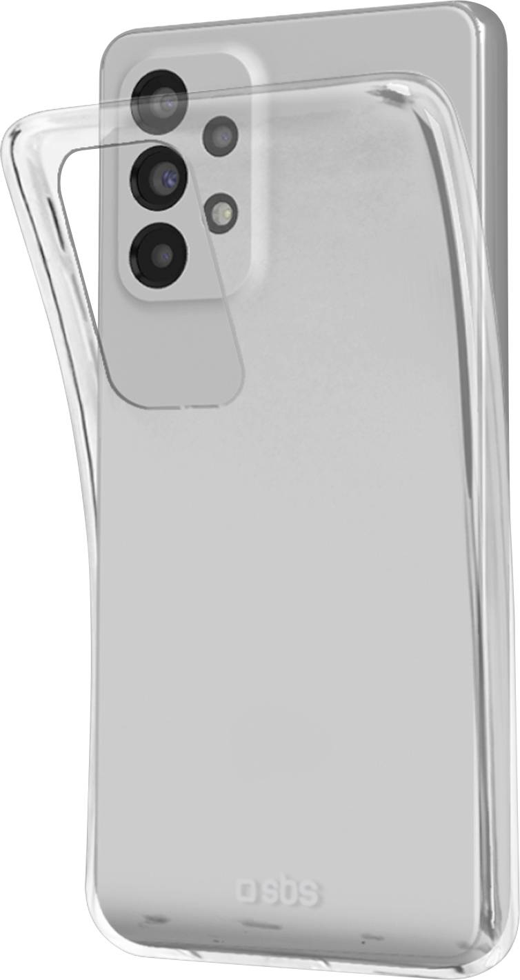 Ein durchsichtiges, flexibles Handyhülle wird teilweise überlappt mit einem Smartphone gezeigt. Das Telefon hat mehrere hintere Kameraobjektive oben links.