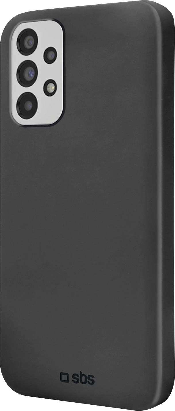 Ein schwarzes Schutzetui für das Telefon mit Ausschnitten für die Kamera und Tasten, mit minimalistische Gestaltung und Logo in der Nähe des unteren Bereichs.