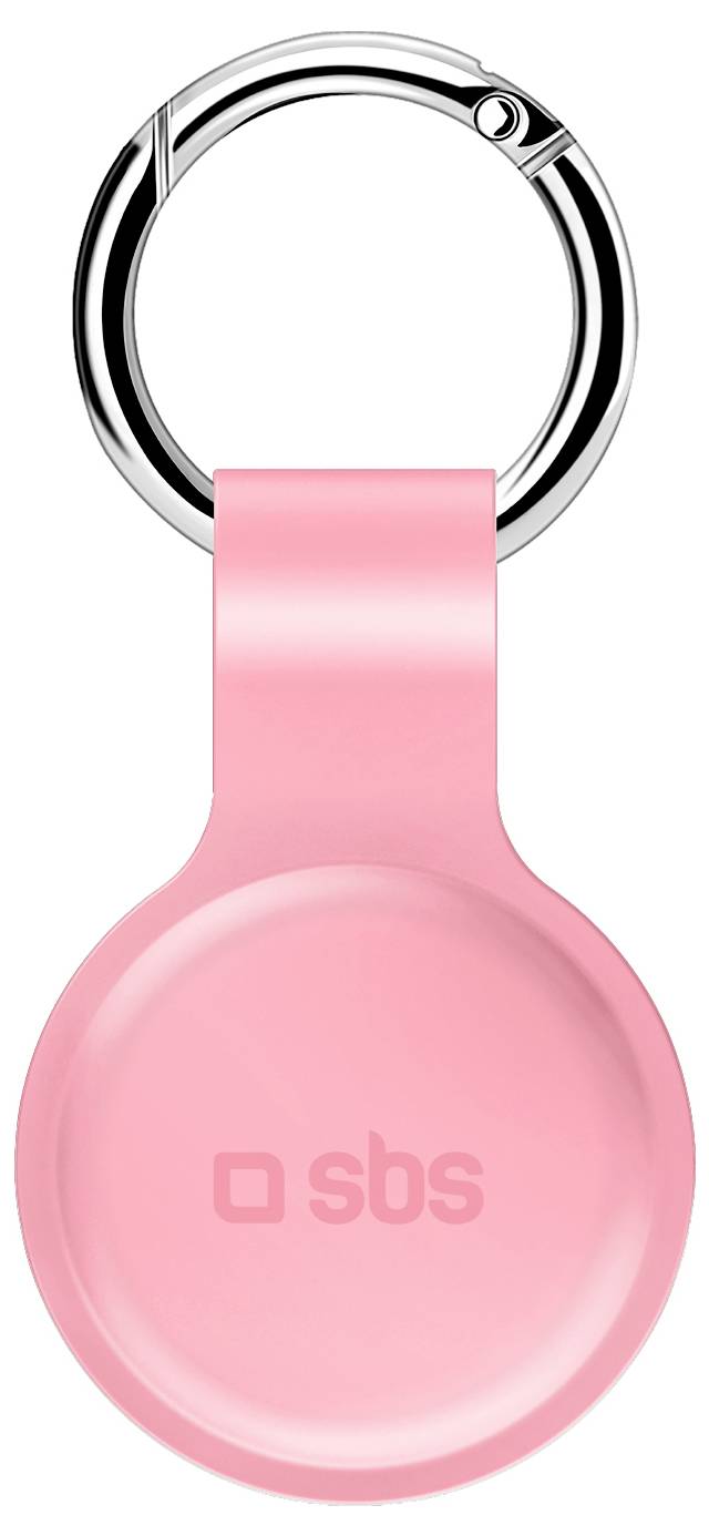Ein rosa kreisförmiger Schlüsselanhänger mit silberner Metallring, mit den geprägten Buchstaben „sbs