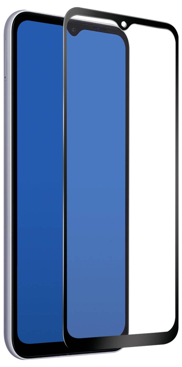 Ein Smartphone mit Fokus auf seinen Bildschirm, auf dem eine schwarze randlose Displayschutzfolie vor dem Gerät platziert wird.