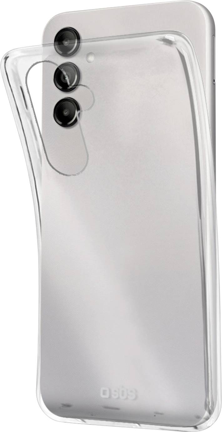 Ein Smartphone mit einer transparenten Schutzhülle, die teilweise angebracht ist und die rückwärtige Triple-Kamera-Einrichtung und die silberne Farbe offenlegt.