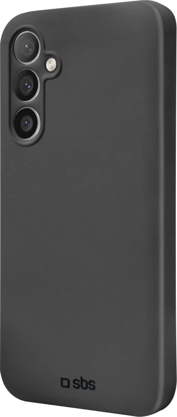 Schwarzes Smartphone mit dreifacher Kameraanordnung auf der Rückseite. Das Telefon hat eine schlanke matte Oberfläche und das Logo „sbs