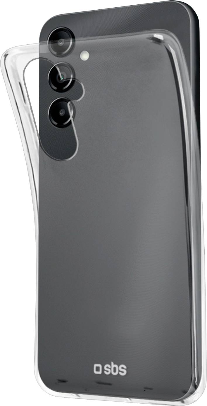 Ein Smartphone mit durchsichtiger Schutzhülle, das drei rückwärtige Kameras und das Logo 
