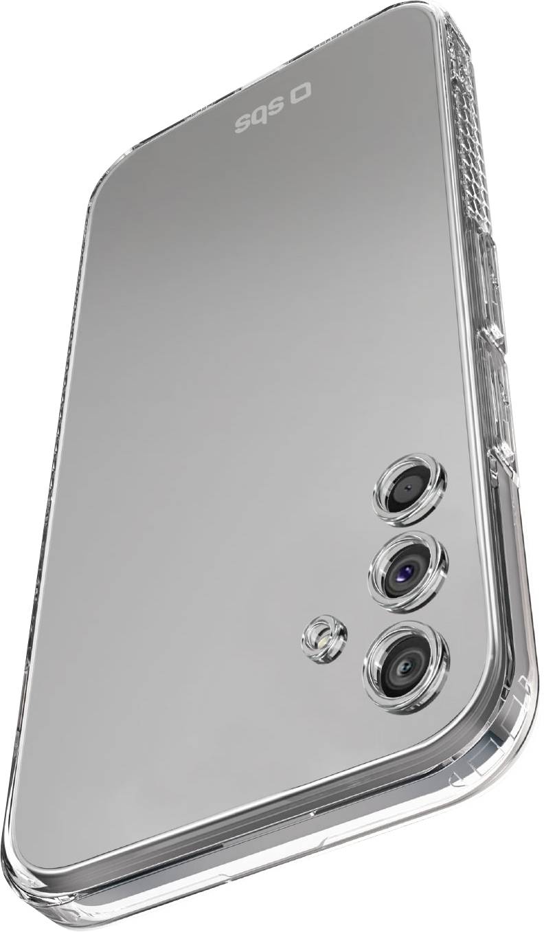 Smartphone in einer durchsichtigen Hülle mit drei rückwärtigen Kameras und schlankem Design, von hinten in einem Winkel betrachtet.