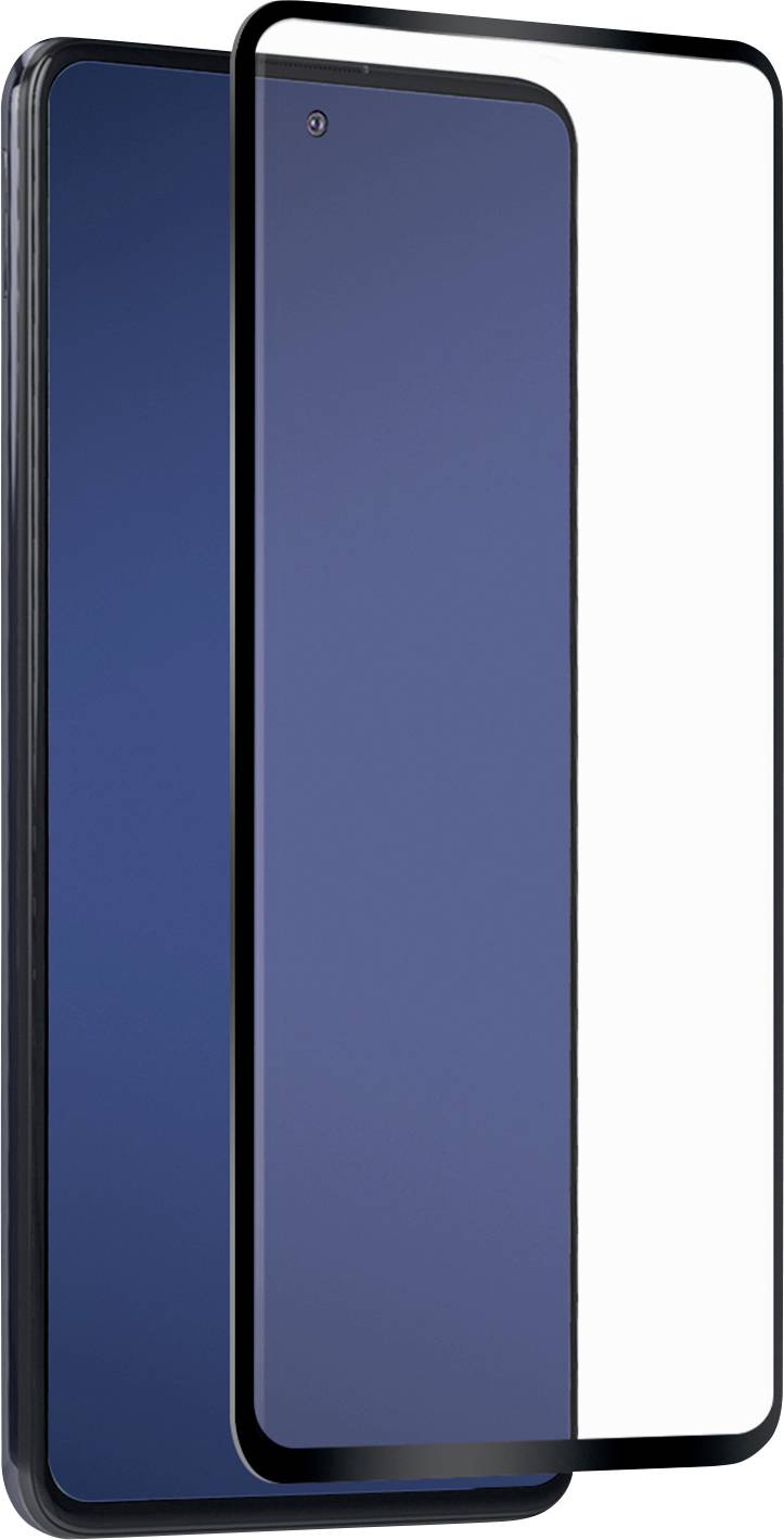 Ein Smartphone mit blauem Bildschirm und einer Schutzglasfolie für den Bildschirm, die leicht darüber angehoben ist und den Bildschirmschutz demonstriert.