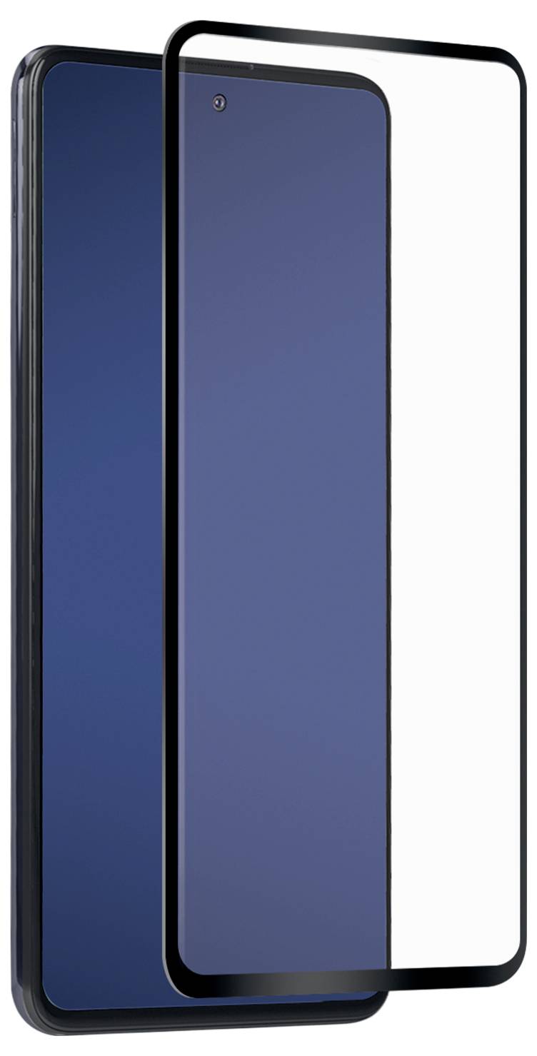 Ein Smartphone mit einem dunkelblauem Bildschirm und einem separaten schwarzen rechteckigen Rahmen, der davor positioniert ist und wahrscheinlich einen Displayschutz darstellt.