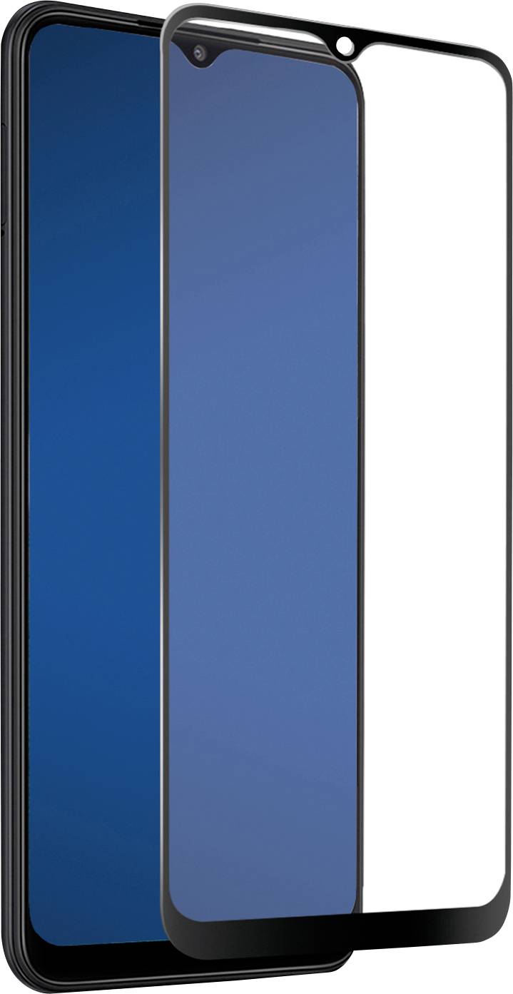 Ein Smartphone mit blauem Bildschirm wird teilweise von einer transparenten, schützenden gehärteten Glasschutzfolie bedeckt.