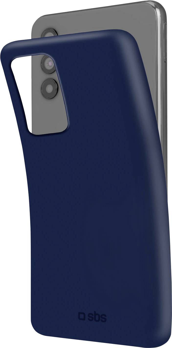 Ein dunkelblauer Handyhülle verdeckt teilweise ein Smartphone mit Dual-Kamera-Setup. Die Hülle ist mit „sbs