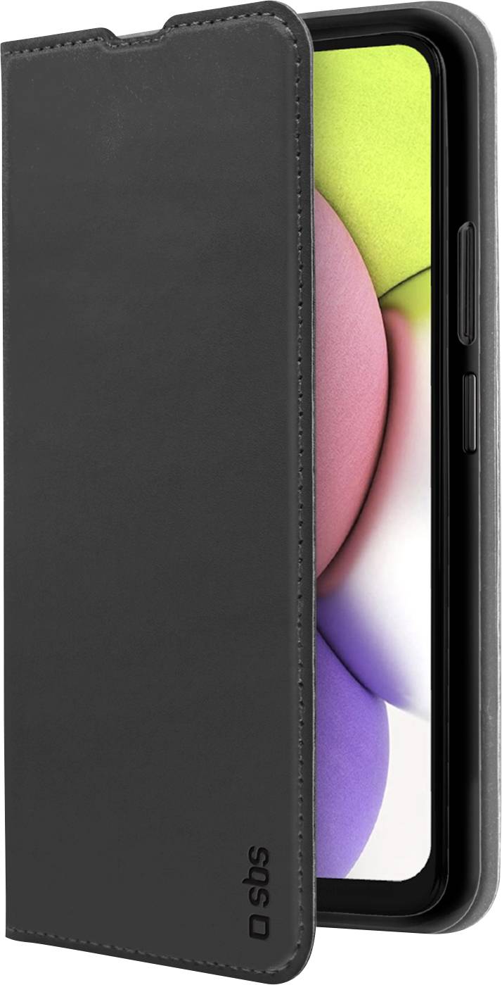 Ein Smartphone in einer schwarzen Lederklapphülle, teilweise geöffnet, zeigt einen farbenfrohen Bildschirm mit Rosa- und Grüntönen.
