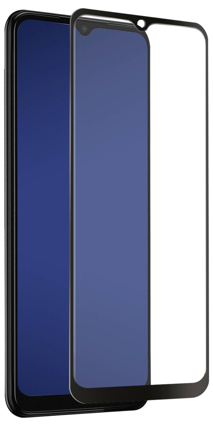 Gehärtete Glasschutzfolie, die über einem Smartphone-Bildschirm positioniert ist und zeigt den Schutzbelag