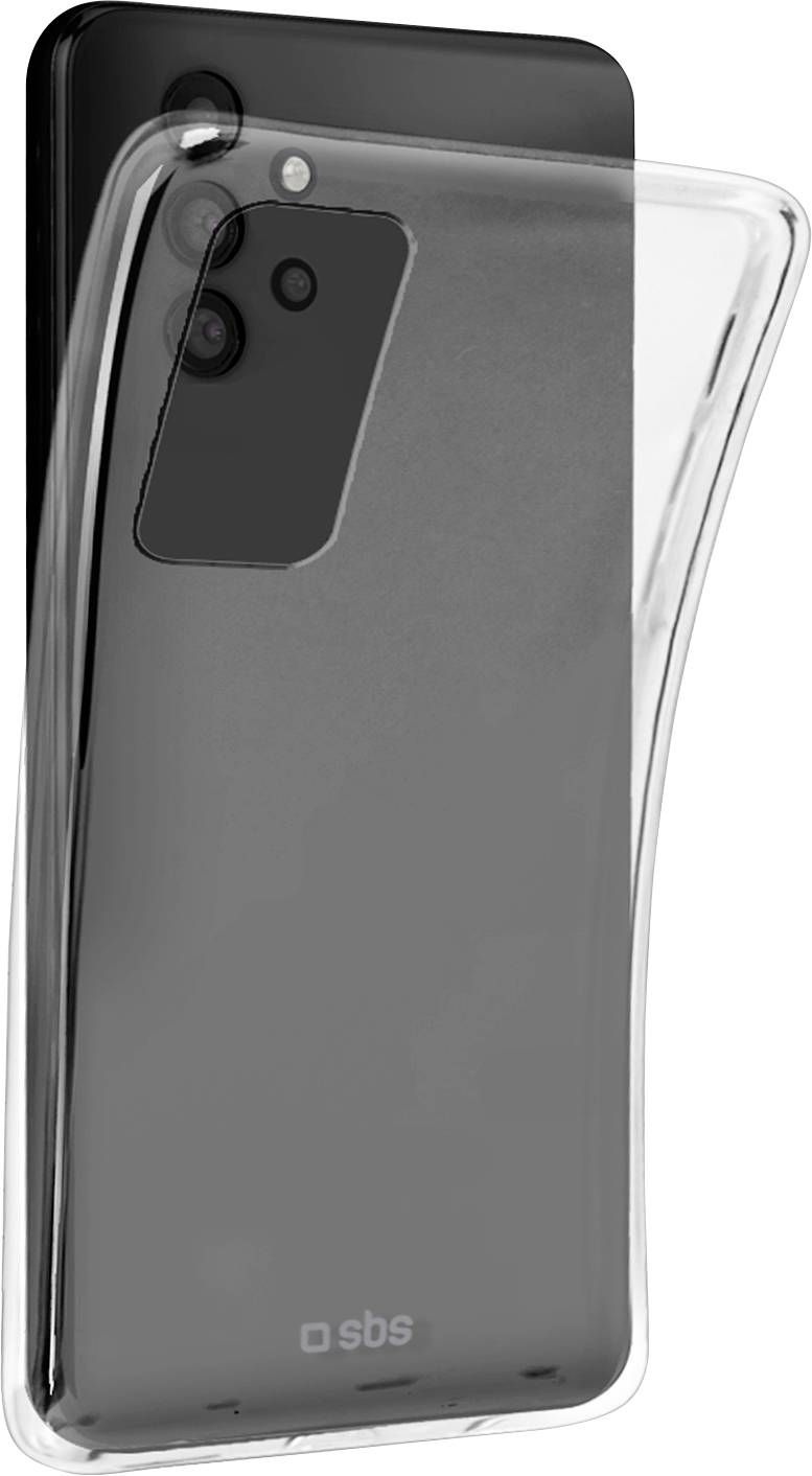 Ein transparentes Handyhülle, die ein schwarzes Smartphone mit dreifacher Rückfahrkamera teilweise bedeckt, wobei das Kameramodul und das schlanke Design hervorgehoben werden.