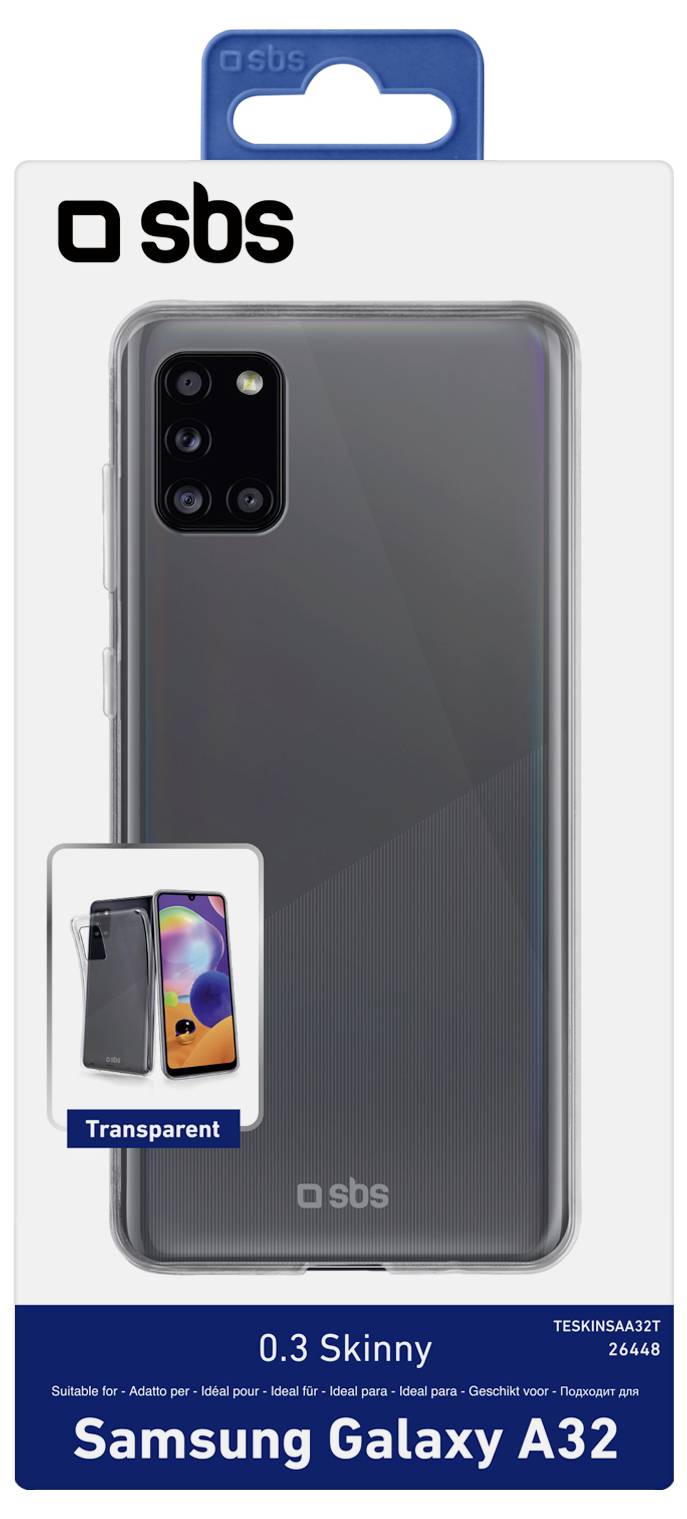 „Transparente Handyhülle für Samsung Galaxy A32 von SBS, 0,3 Skinny Modell, in Verpackung gezeigt, hebt Schutz und schlankes Design hervor.