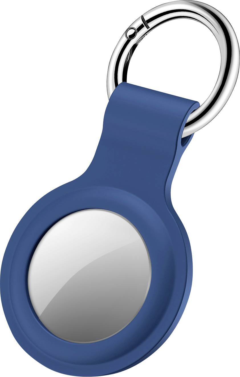 Ein blauer runder Schlüsselbundhalter mit glänzendem metallischem Mittelpunkt und einer Metallringbefestigung oben.