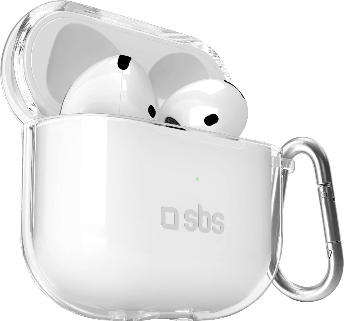 Weiße kabellose Ohrhörer in einem transparenten Gehäuse mit angebrachtem Karabiner, auf der Vorderseite mit dem Logo „sbs