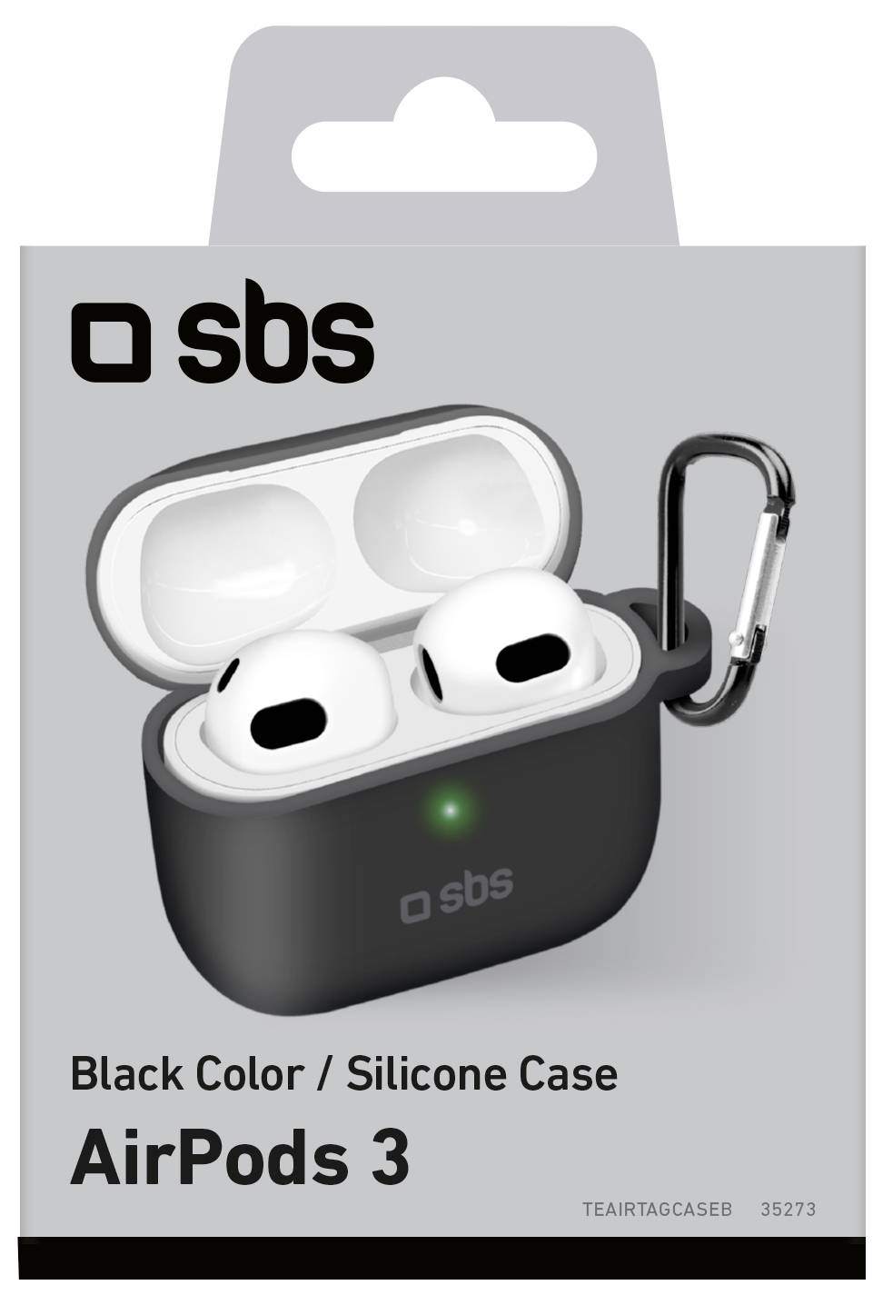 Bild einer Produktverpackung mit einem schwarzen Silikongehäuse für AirPods 3 von SBS, mit Karabinerverschluss und offener AirPods-Hülle.