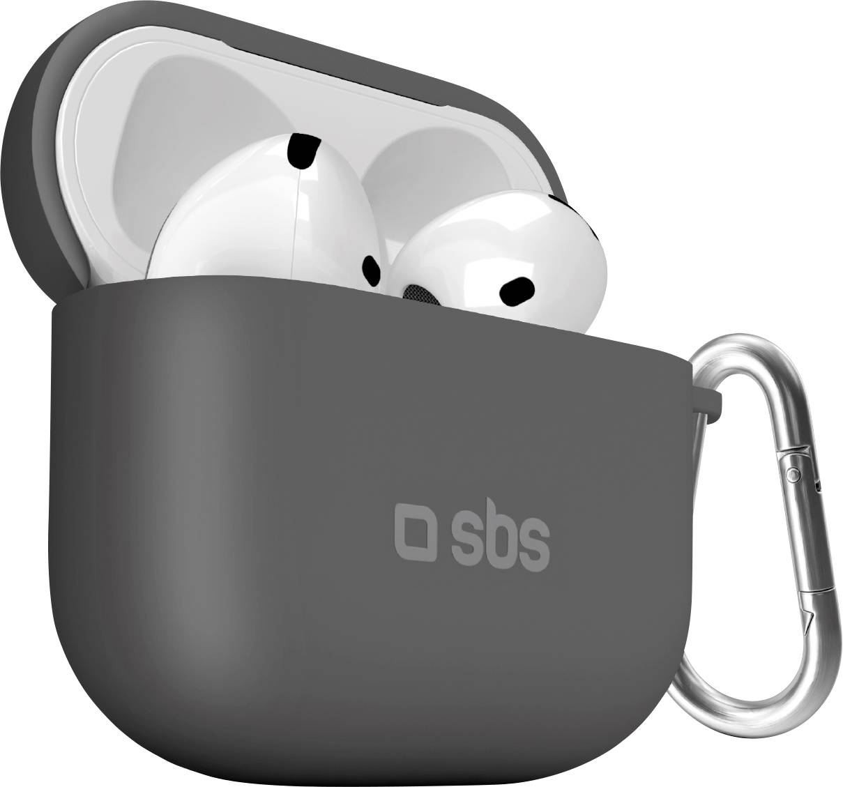 Schwarze kabellose Kopfhörer-Schutztasche mit silbernem Karabinerhaken befestigt, teilweise geöffneter Deckel zeigt weiße Kopfhörer im Inneren.