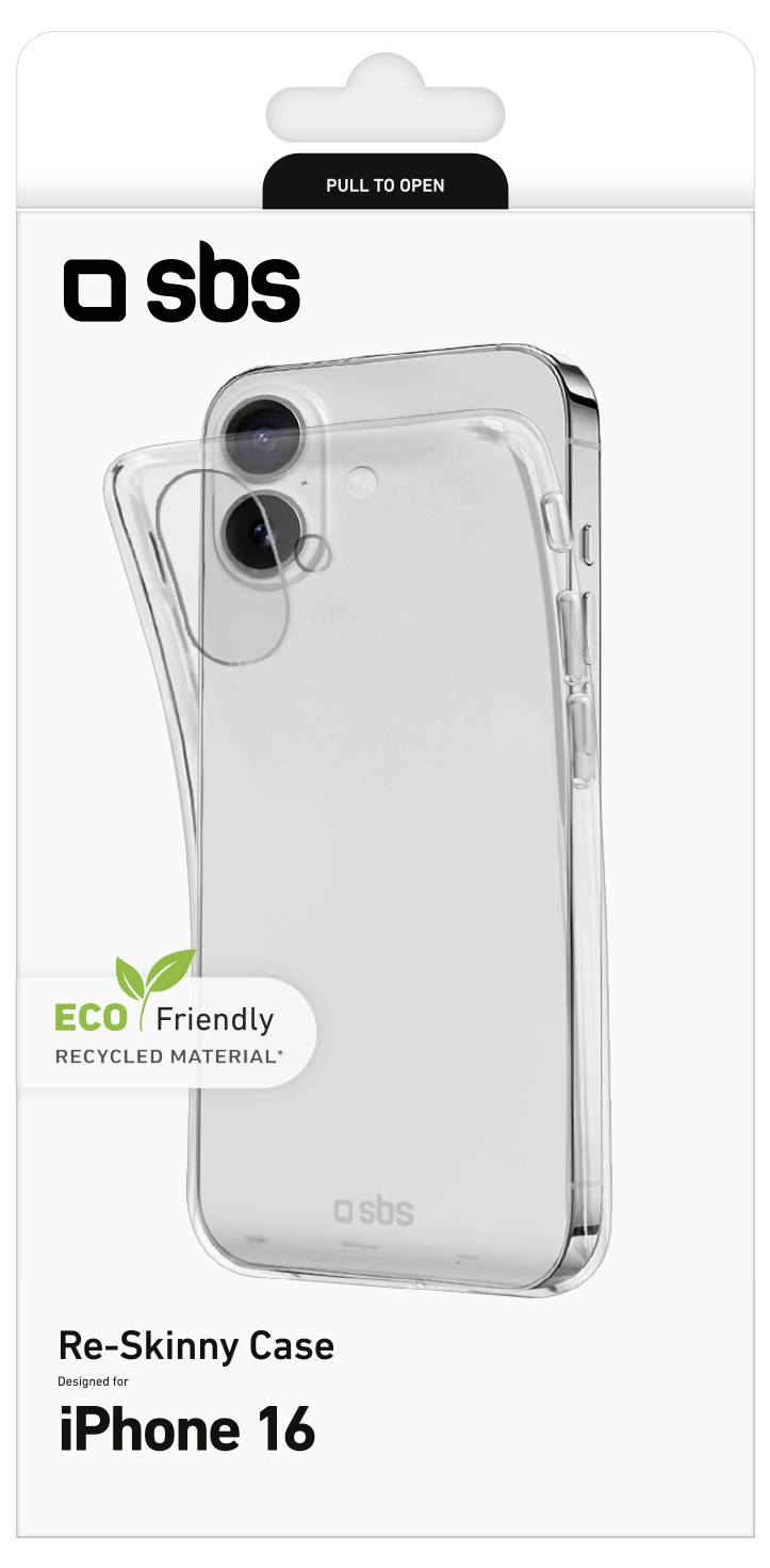 Durchsichtige Handyhülle mit doppeltem Kameraausschnitt für iPhone 16, gekennzeichnet mit „Umweltfreundliches recyceltes Material