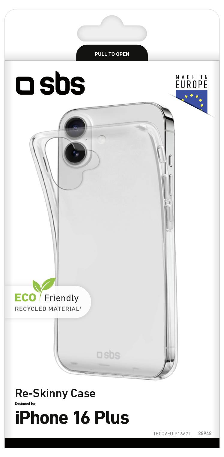 # Transparente Handyhülle Verpackung für iPhone 16 Plus, mit Hervorhebung von „Umweltfreundliches recyceltes Material