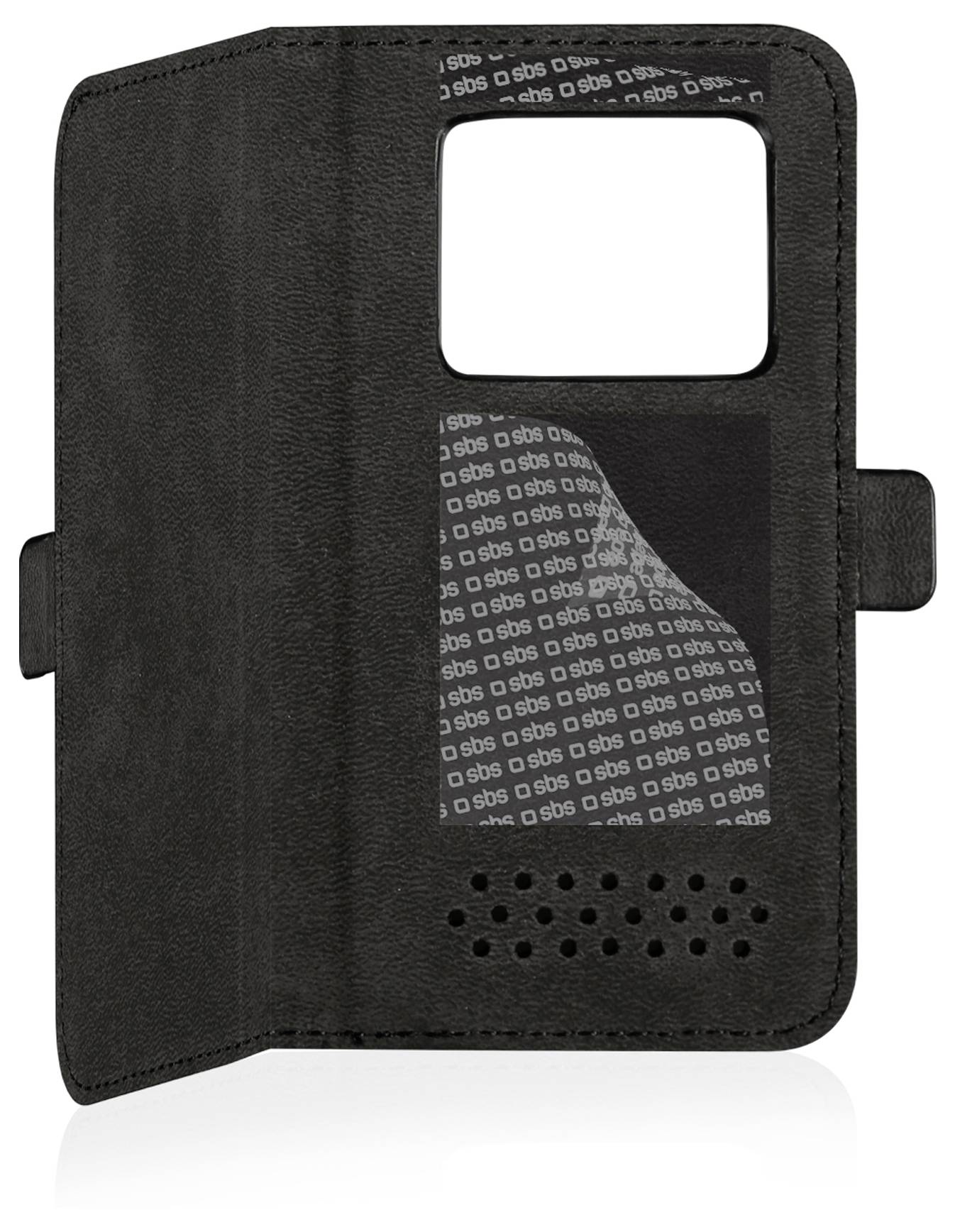 Schwarze Geldbörsen-Stil-Handyhülle mit Fenster und kleinen Perforationen, entwickelt, um Benachrichtigungen anzuzeigen und das Telefon zu schützen.