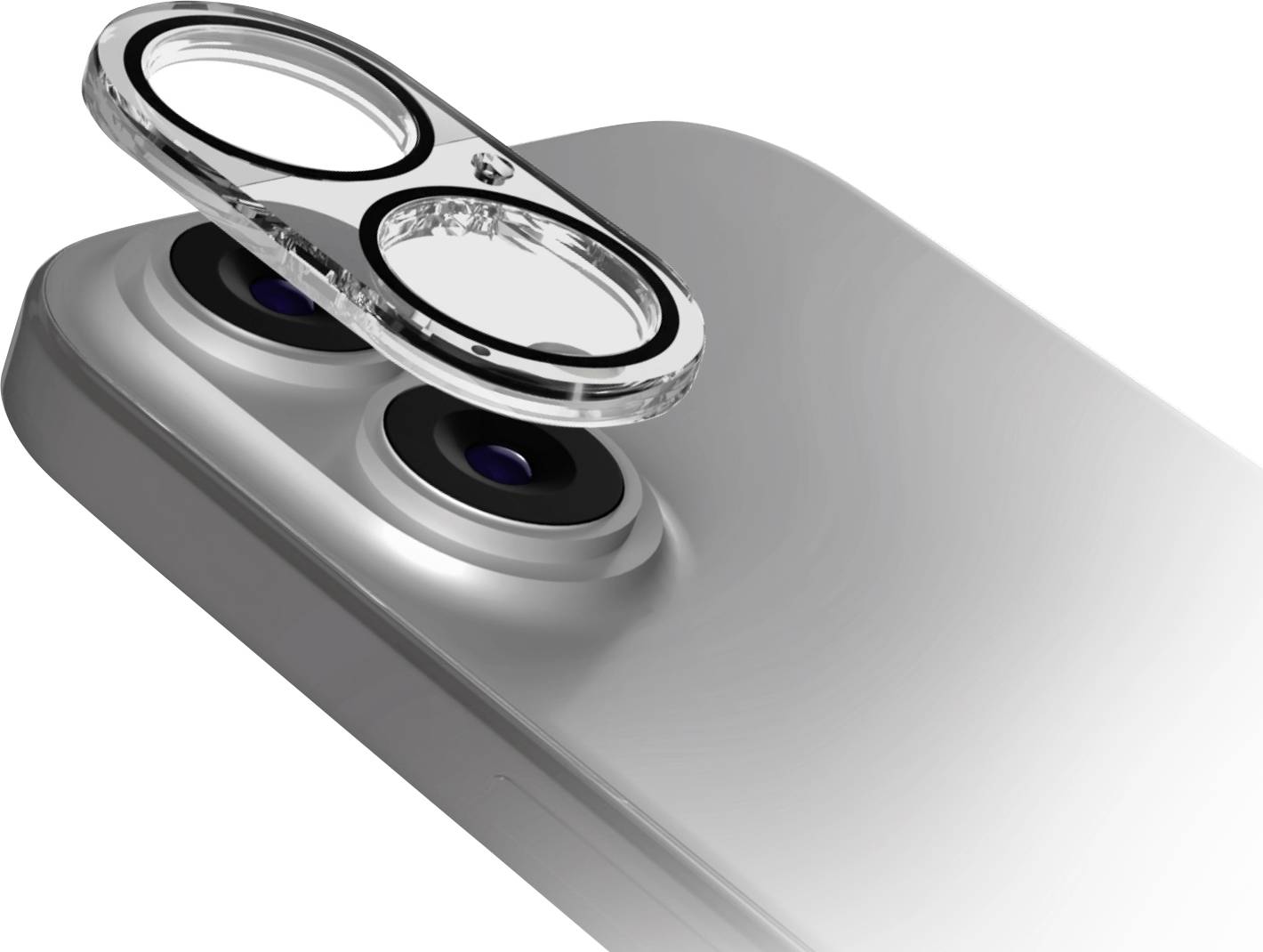 Smartphone mit Dual-Kamera; eine Objektivabdeckung ist entfernt und zeigt die Platzierung und das Design des Objektivs.