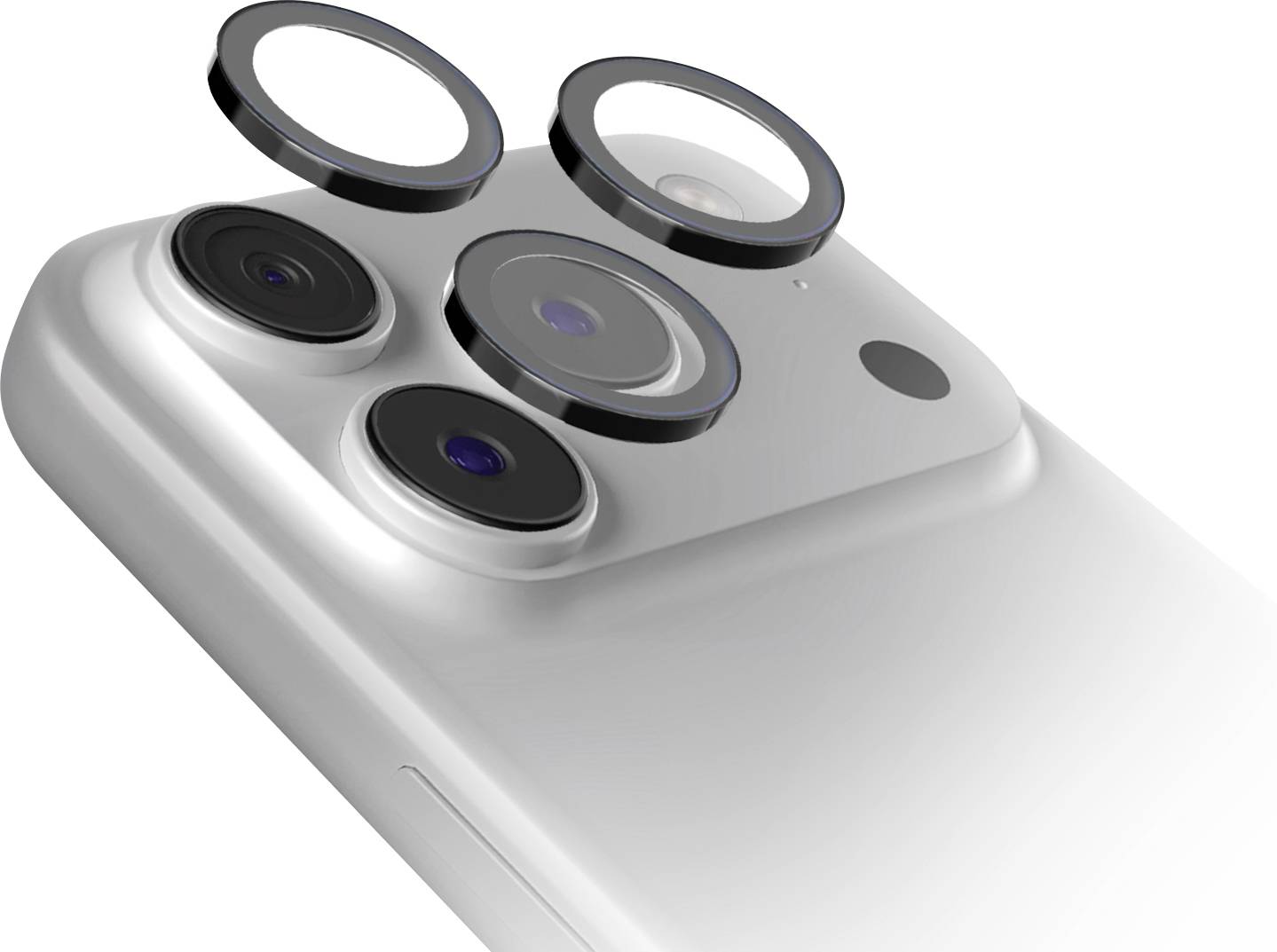 Ein Schutzglas für die Handy-Kameraobjektiv wird über der rückseitigen Kamera eines Smartphones positioniert, wobei seine Kompatibilität und sein Schutz hervorgehoben werden.