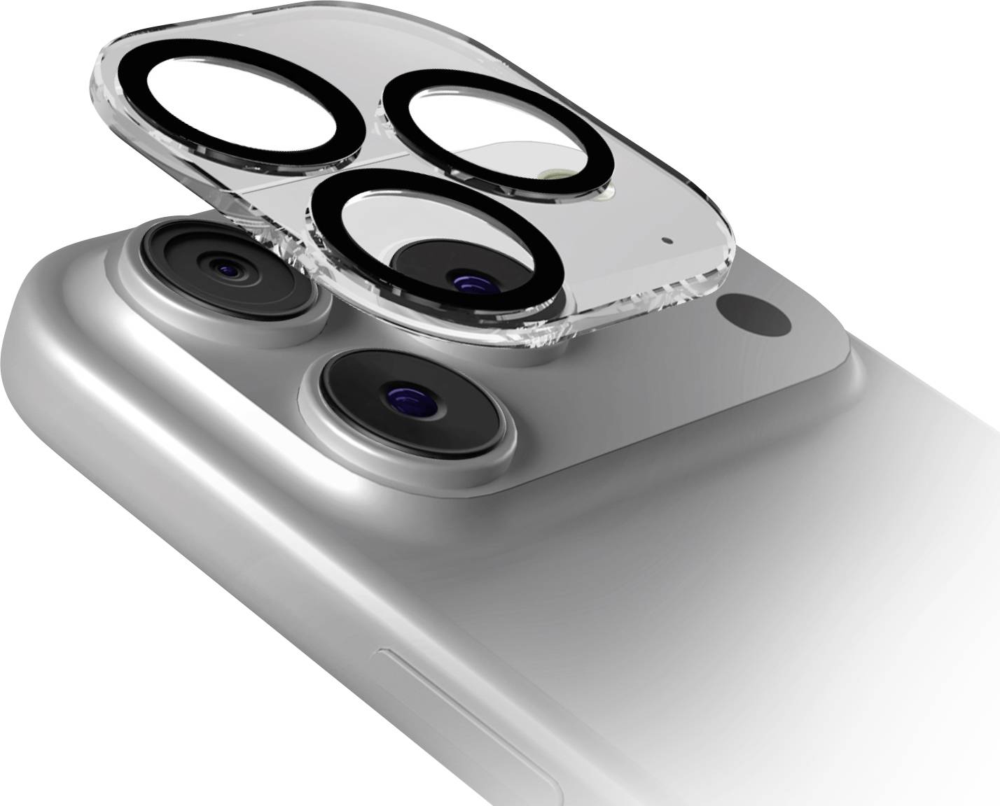 Ein Nahaufnahme eines Smartphone-Objektivsystems mit drei Kameras, bei dem eine klare Linsenschutzvorrichtung teilweise entfernt ist und zwei Objektive sowie ein Blitz sichtbar sind.