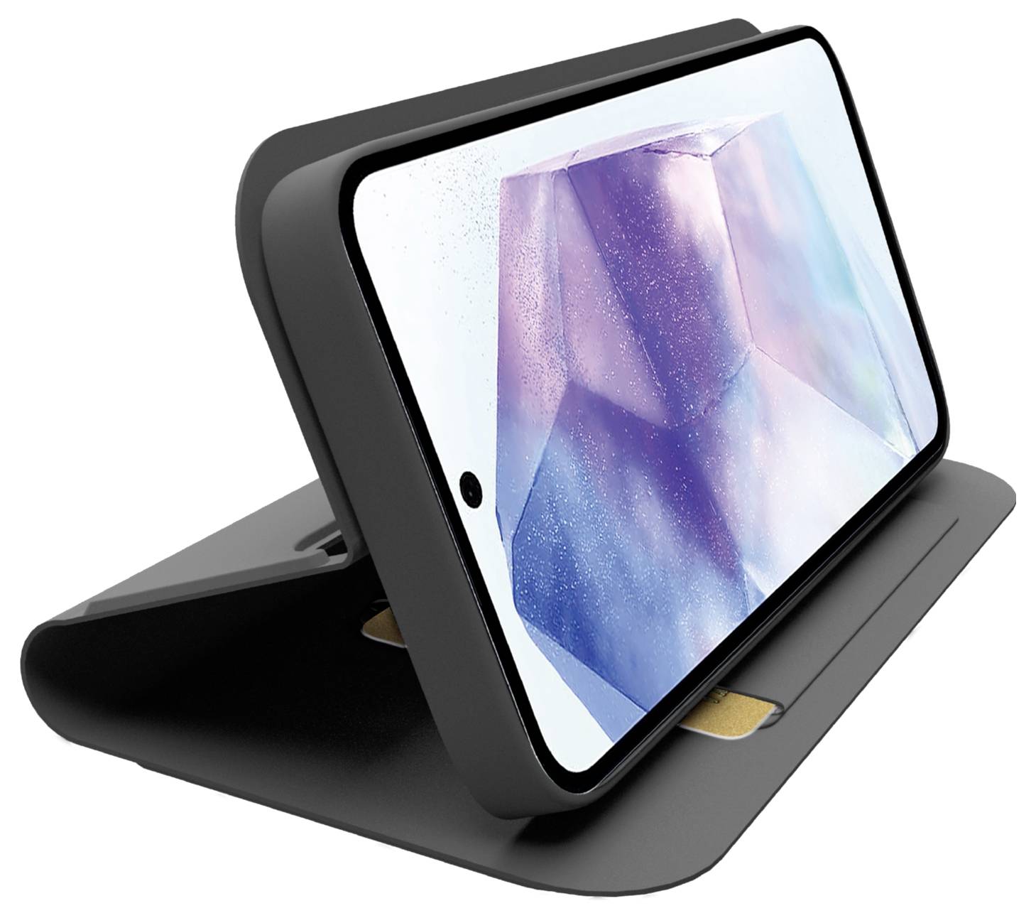 Ein Smartphone in einer schwarzen Hülle, das auf einem Ständer aufgestellt ist, zeigt auf dem Bildschirm ein facettiertes abstraktes Design und wird aus einem Winkel betrachtet.