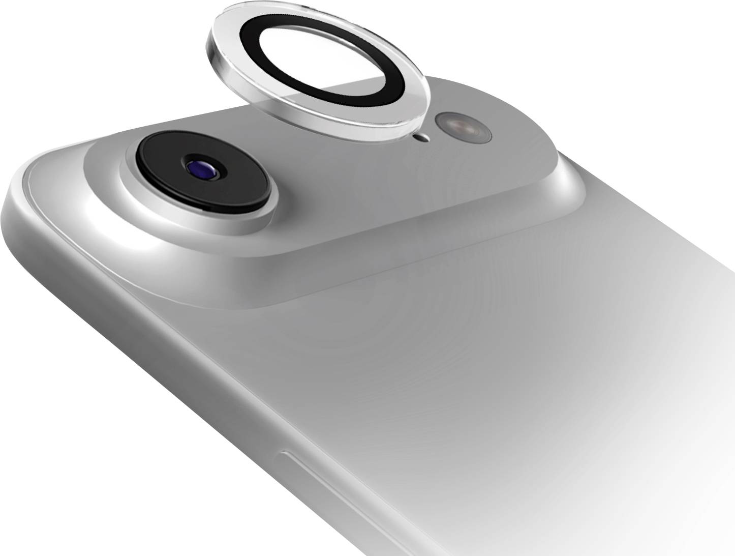 Ein Smartphone-Kameraobjektiv, hervorgehoben mit einem schwebenden kreisförmigen Glaselement darüber, auf silbernem Gerätehintergrund.