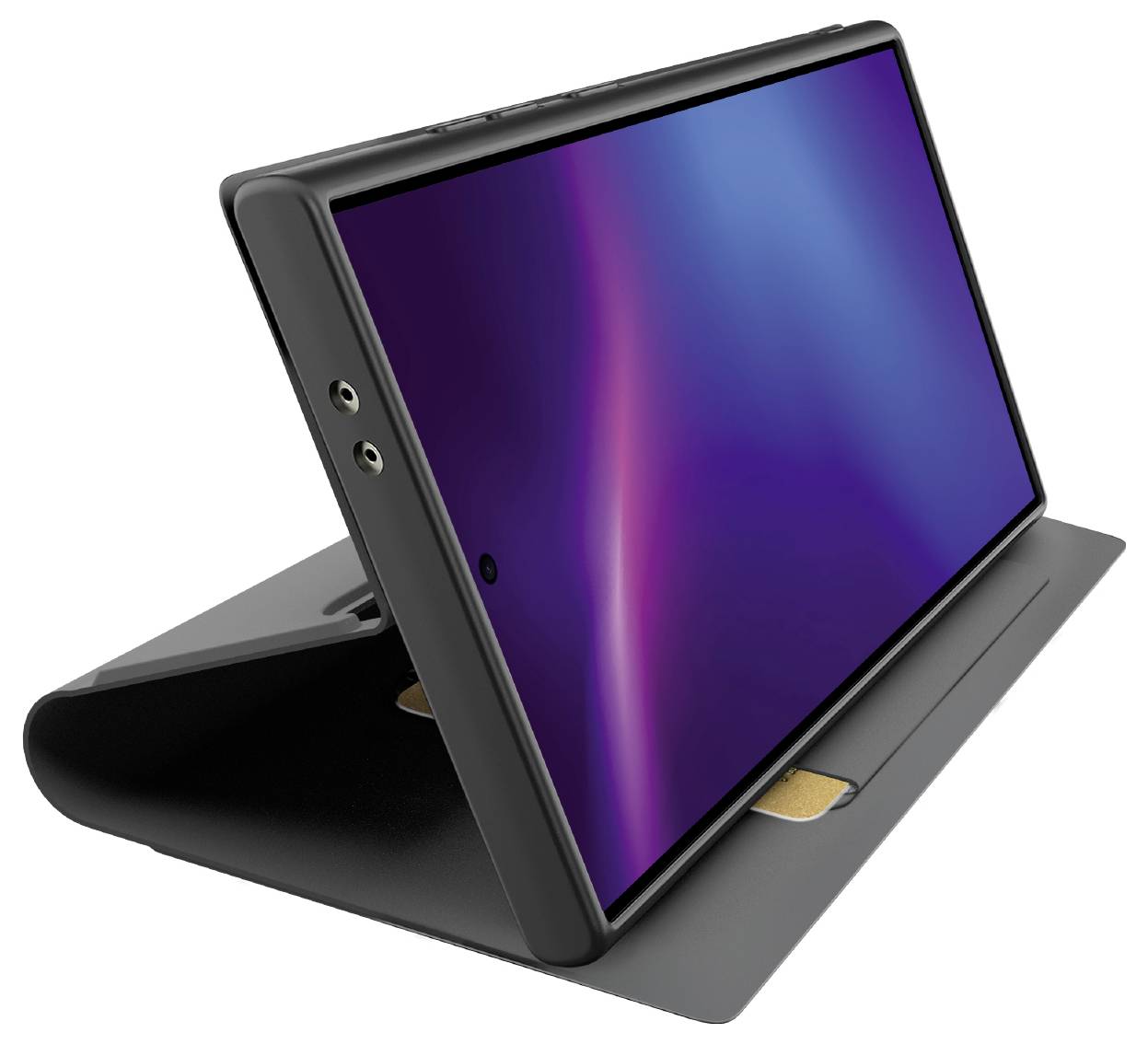 Ein Tablet in einem schwarzen, geneigten Ständer, das einen blau-violetten Farbverlauf anzeigt. Der Ständer steht auf einer ebenen Fläche.