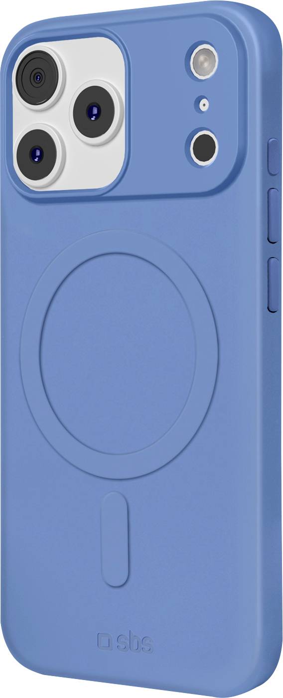 Ein blaues Smartphone-Gehäuse mit drei runden Kameraausschnitten und einem zentralen Ringdesign auf der Rückseite, geeignet für kabelloses Laden.