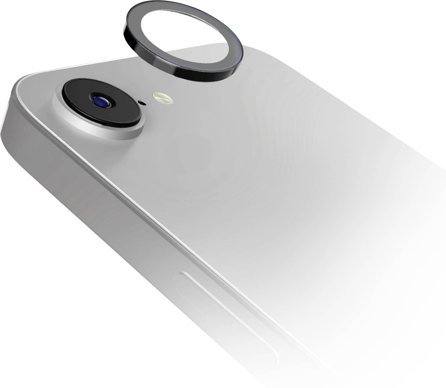 „Smartphone-Kamera Nahaufnahme mit einem kreisförmigen Linsenelement, das oben schwebt, wobei die Linsengruppe und das schlanke Design des Telefons hervorgehoben werden.
