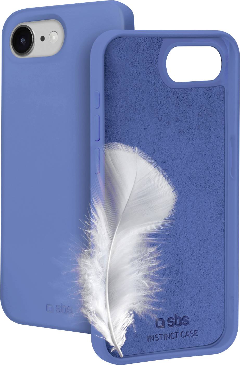 Blaue Handyhülle mit weichem Inneren, das eine weiße Feder zeigt.