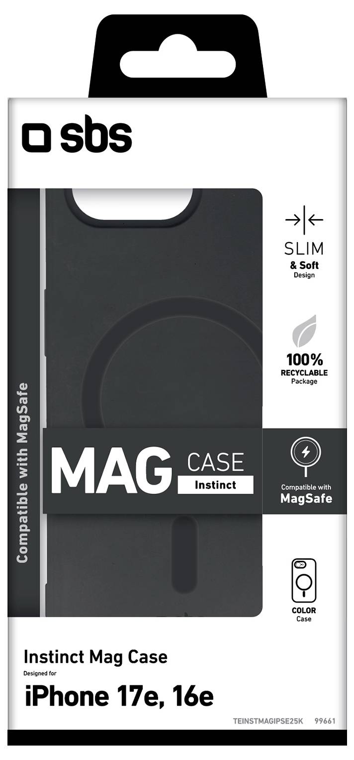 „Verpackung für SBS Instinct Mag Case für iPhone 17e, 16e. Schlank, weich, 100 % recycelbar. Kompatibel mit MagSafe. Farbe: Schwarz.