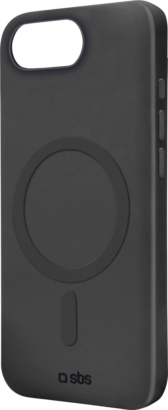 Ein schwarzes Smartphone-Gehäuse mit einem erhabenen Kreismuster auf der Rückseite, das Knopfausschnitte und ein „sbs