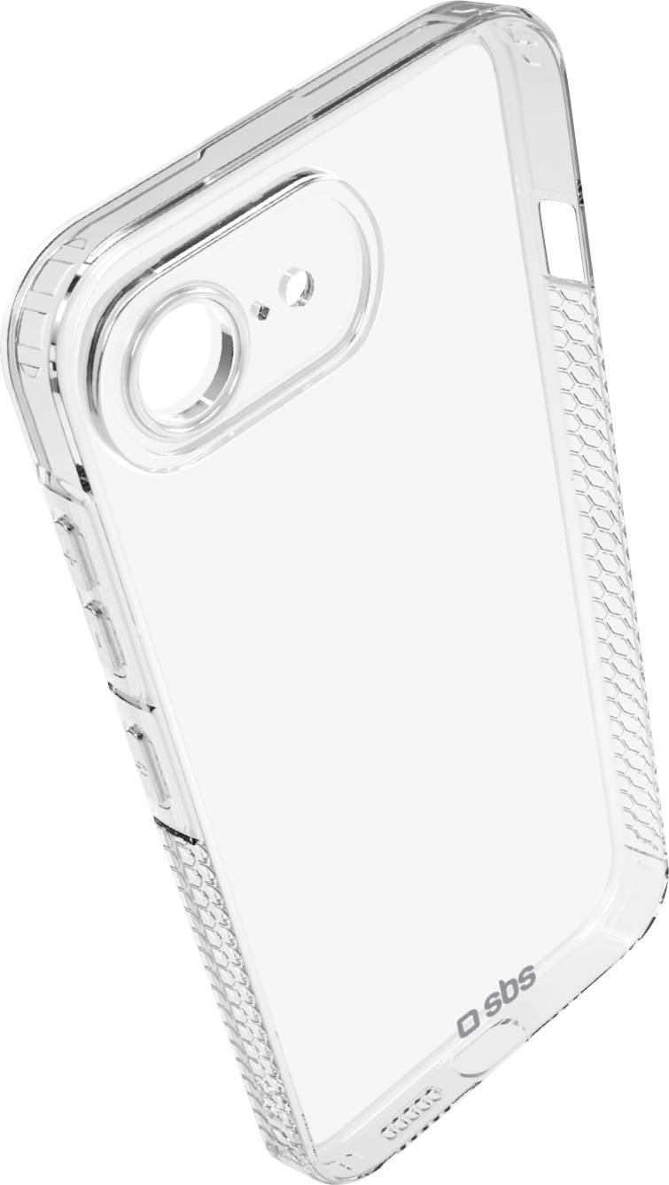 Durchsichtige Handyhülle für ein Smartphone mit strukturierter Griffoberfläche an den Seiten und Aussparungen für Kamera und Tasten. Branding 'sbs' ist sichtbar.