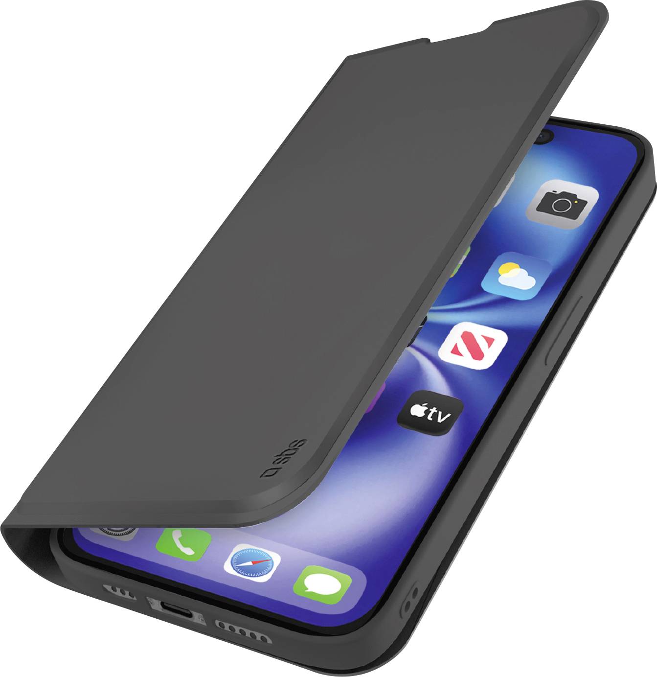 Ein Smartphone mit schwarzem Klappcover, teilweise geöffnet, zeigt den Startbildschirm mit mehreren App-Symbolen wie Nachrichten, Telefon und App Store an.