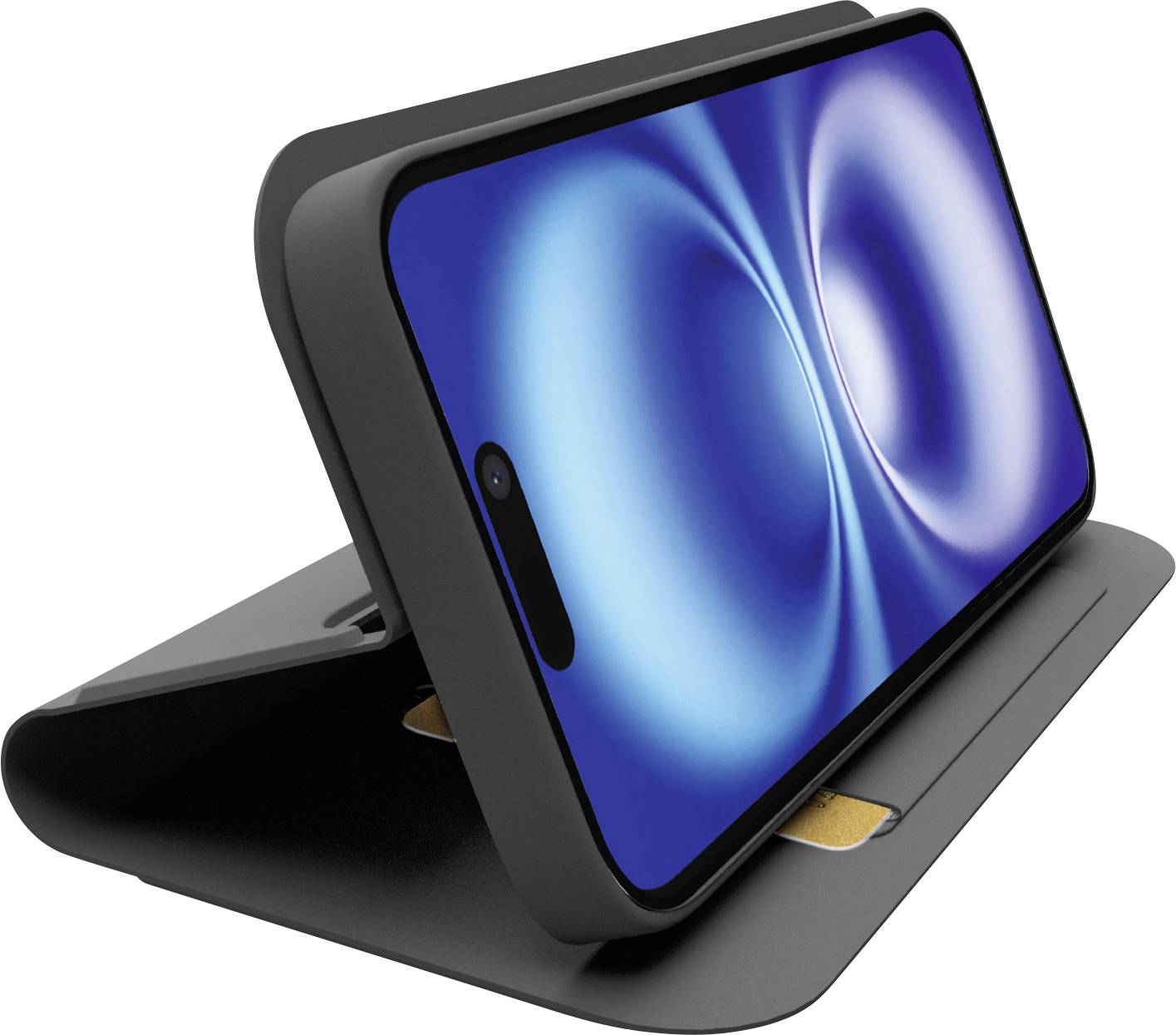 Ein Smartphone mit einem blauen kreisförmigen Wirbelenmuster auf dem Bildschirm ist horizontal auf einem schwarzen Ständer positioniert und wird aus einem Winkel betrachtet.