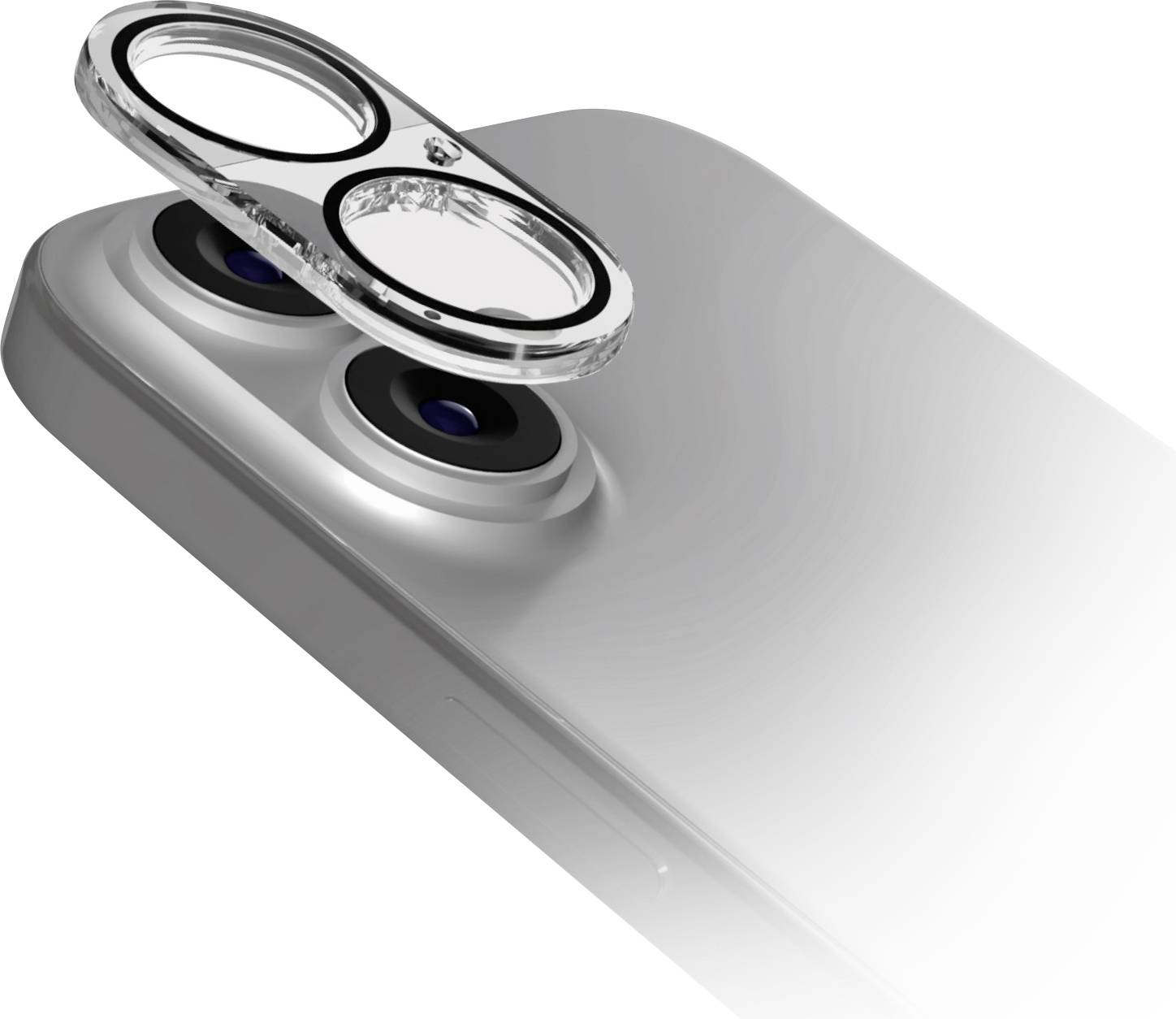 Eine Nahaufnahme der Dual-Kamerlinse eines silbernen Smartphones, wobei eine transparente Schutzabdeckung über die Linsen angebracht wird.