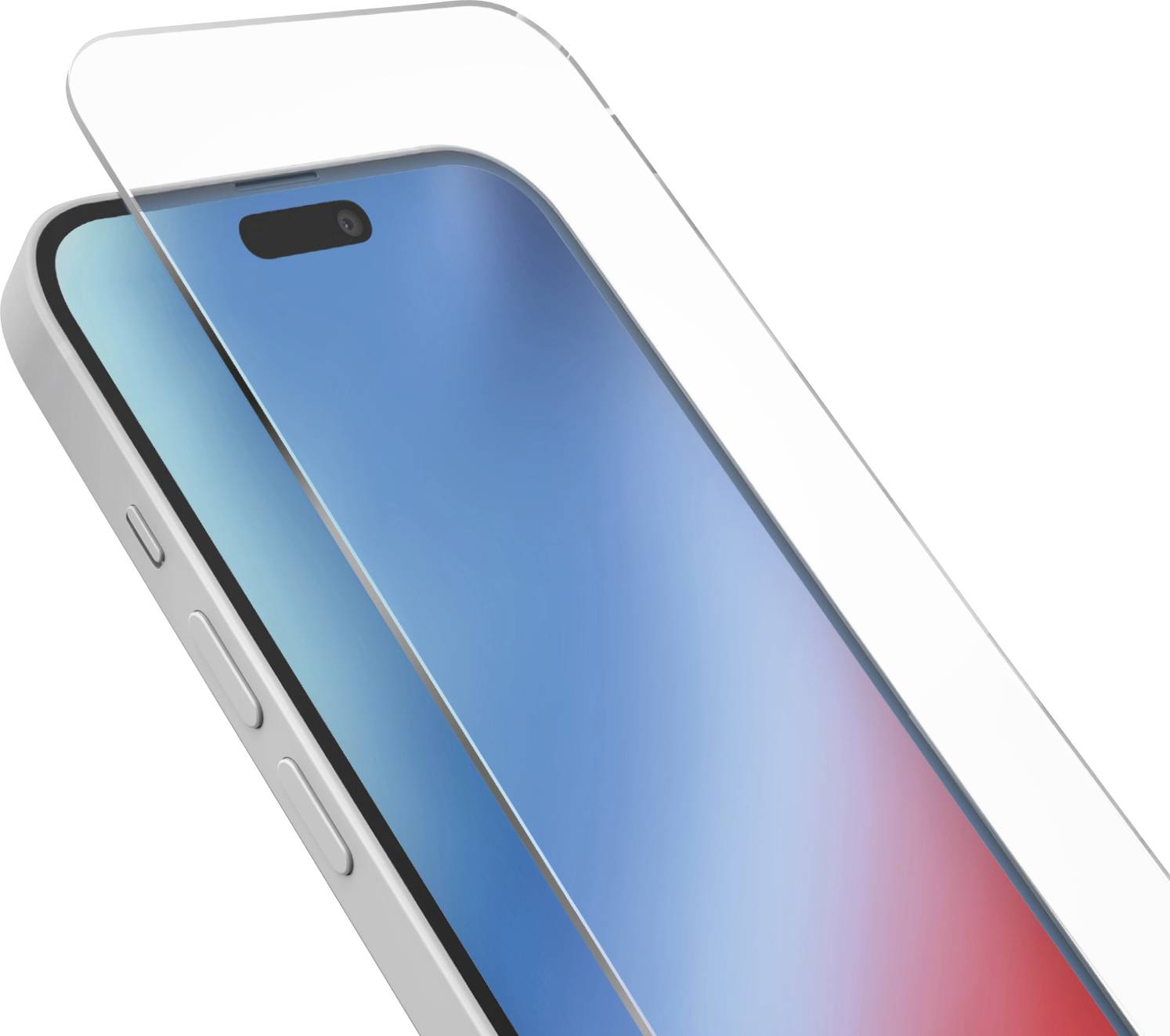 Ein Smartphone mit einem blauen und roten Bildschirm ist angewinkelt, um seinen angebrachten durchsichtigen Displayschutz zu präsentieren.