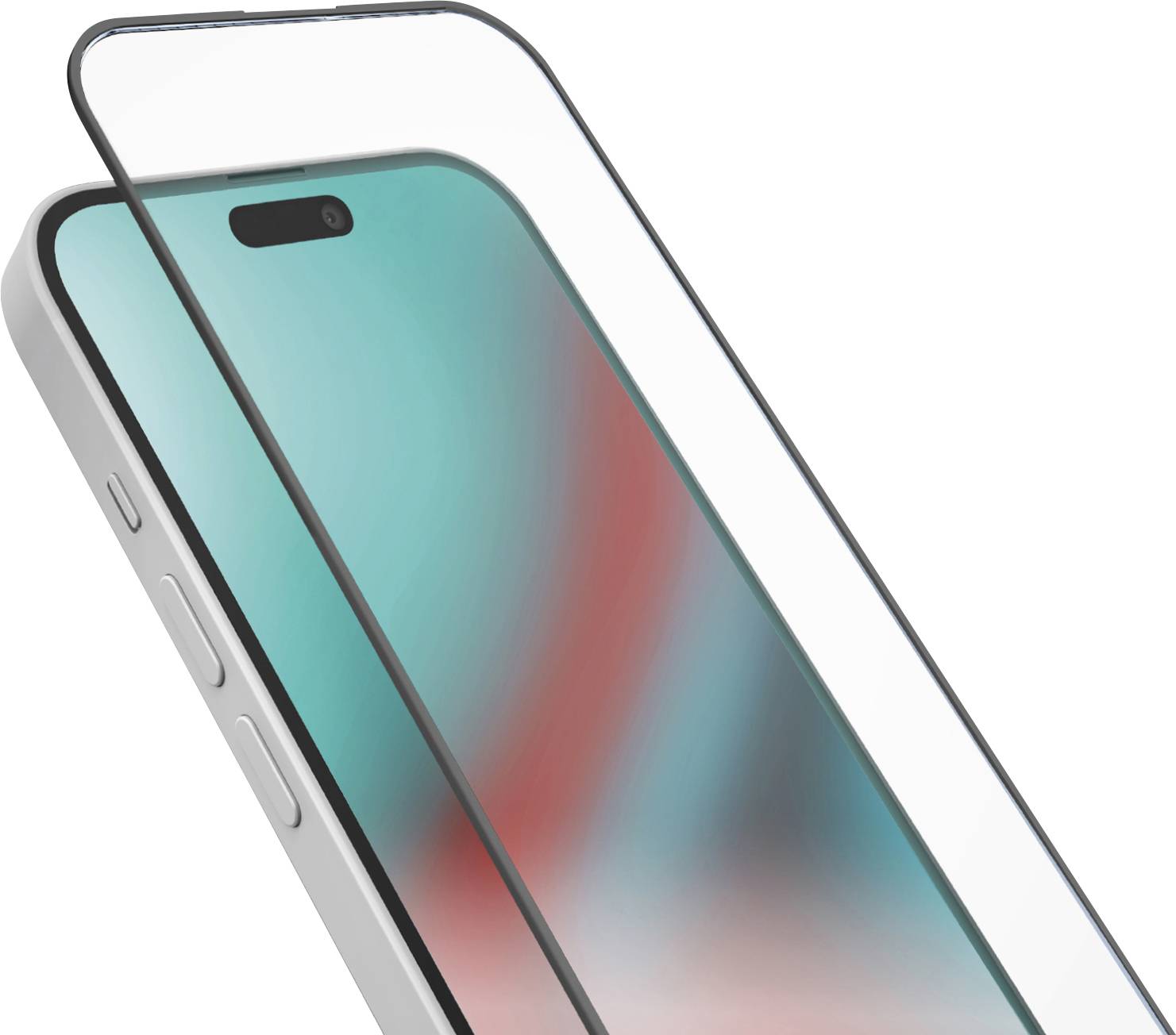 Ein Smartphone mit einem halb angebrachten transparenten Displayschutz, der die Frontkamera und die Seitentasten des Telefons zeigt.