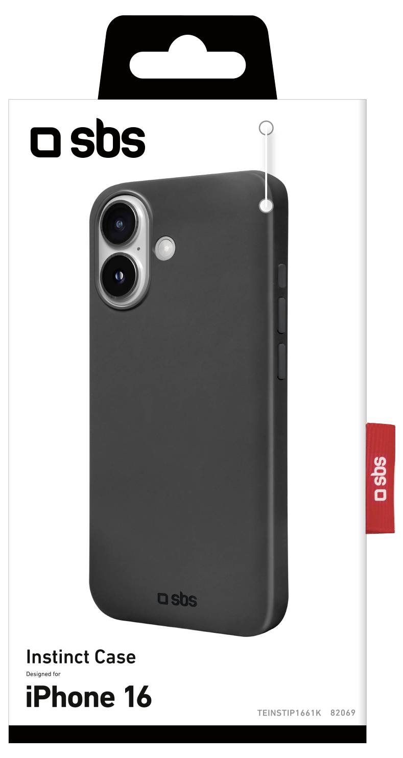 iPhone 16 Instinct Case Verpackung von SBS mit schwarzem Case-Design. Geeignet für iPhone 16, gezeigt in Produktfotografie auf der Box.