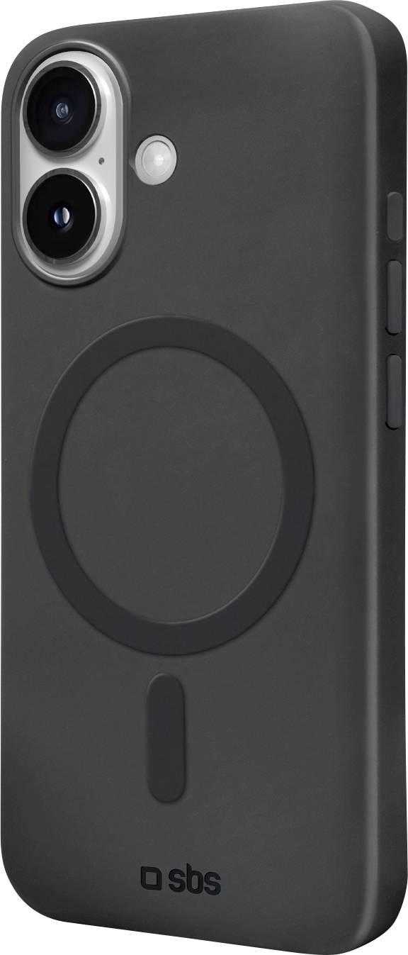 Ein elegantes schwarzes Smartphone mit dualen Rückkameras und einem kreisförmigen magnetischen Befestigungsbereich auf der Rückseite, entworfen von SBS.