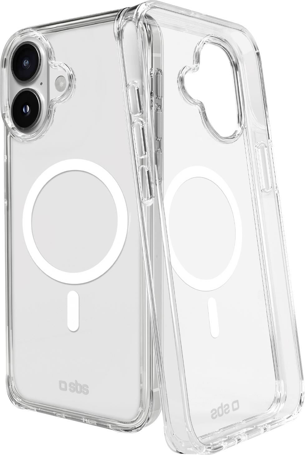 Zwei transparente Smartphone-Hüllen mit MagSafe-Kompatibilität, die kreisförmige Magnetbereiche zeigen. Eine Hülle steht aufrecht; die andere lehnt sich dagegen.