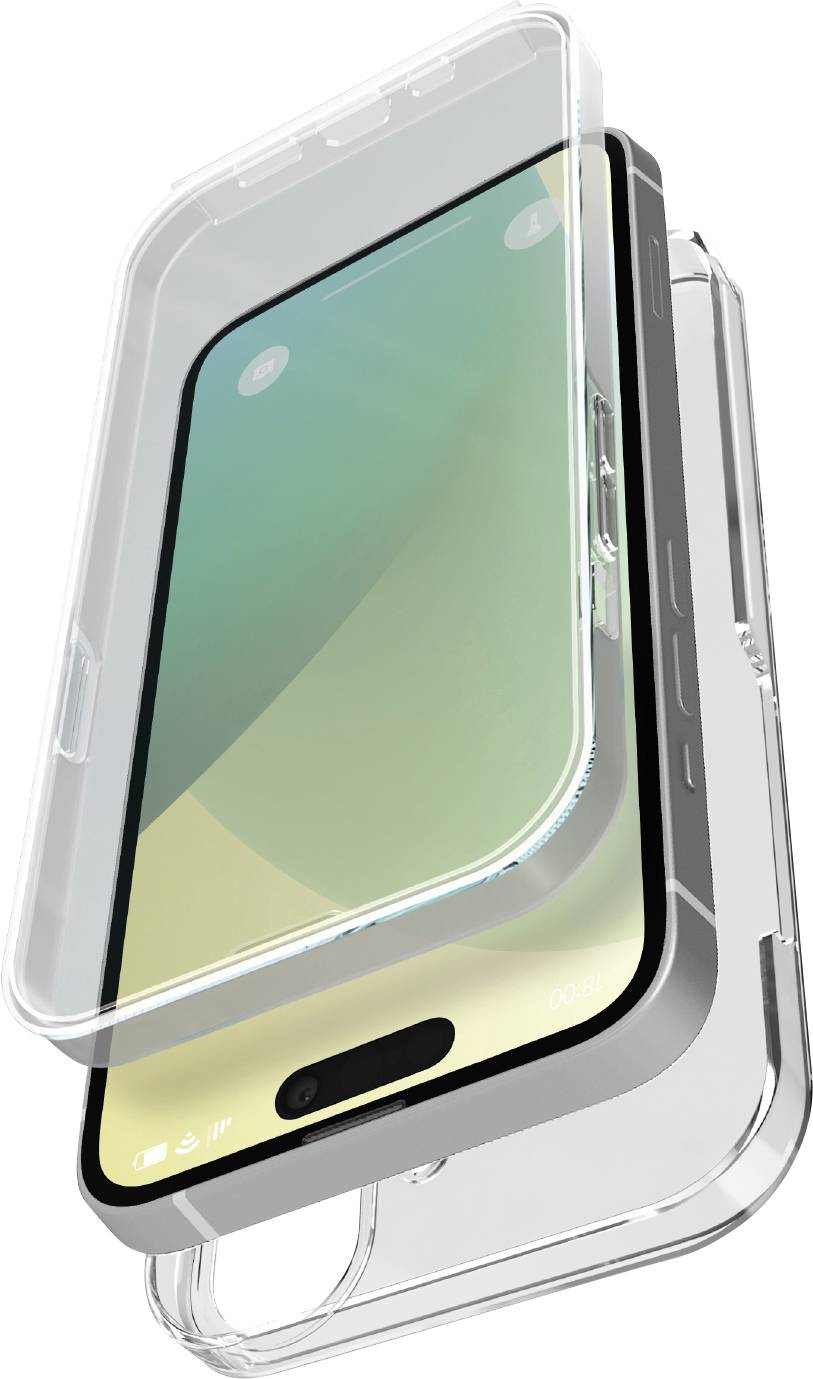 Ein Smartphone mit einer schwebenden, transparenten Schutzhülle, die sowohl die Vorder- als auch die Rückseite zeigt, vor einem weißen Hintergrund.