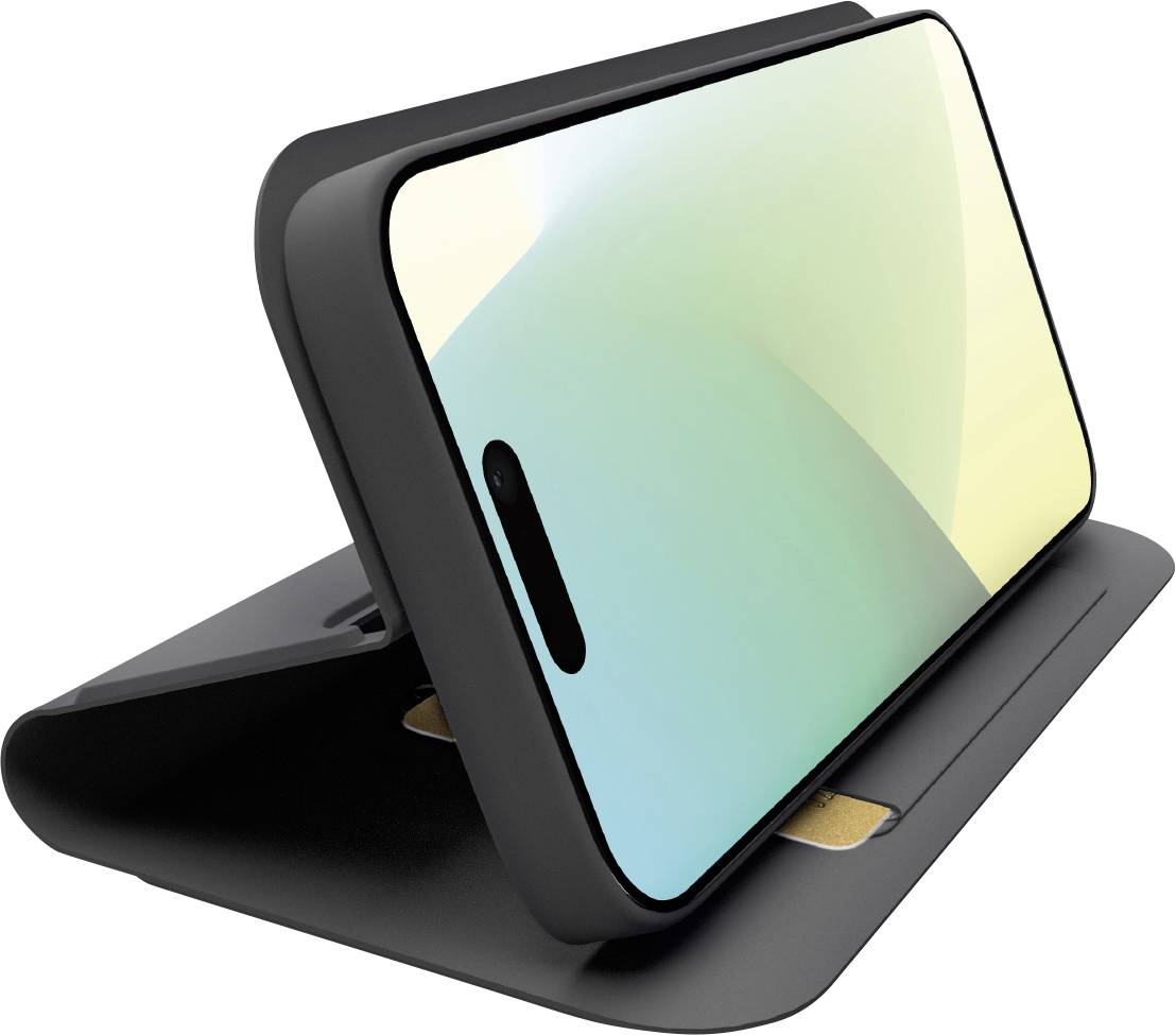Ein Smartphone mit einem Farbverlauf von Gelb und Grün auf dem Bildschirm ruht auf einem eleganten, schwarzen Ständer, nach links geneigt, und zeigt sein schlankes Design.